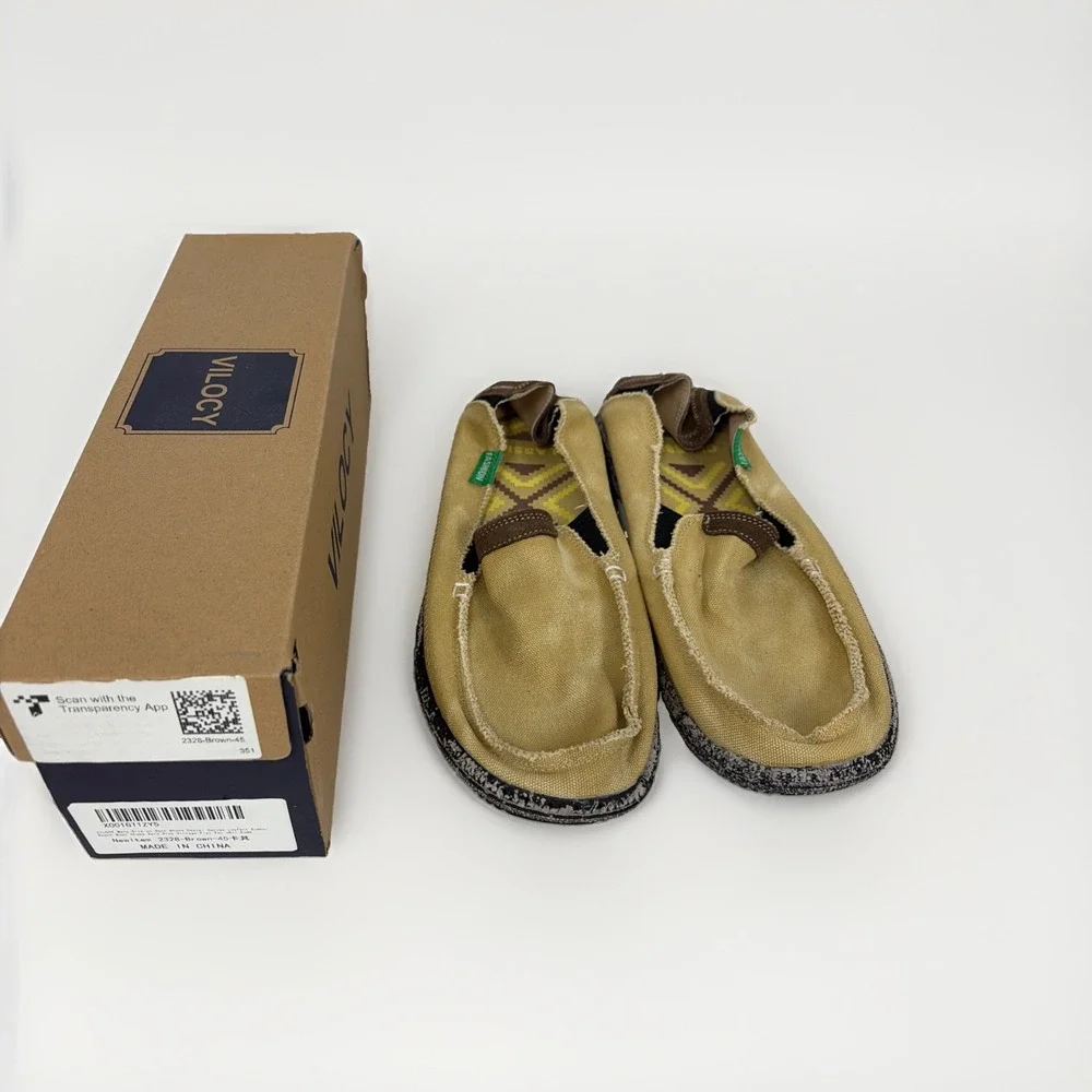 Vilocy Men's Size 45 11.5 Brown Tan Canvas Slip On Loafers Casual Shoes 2328 T18